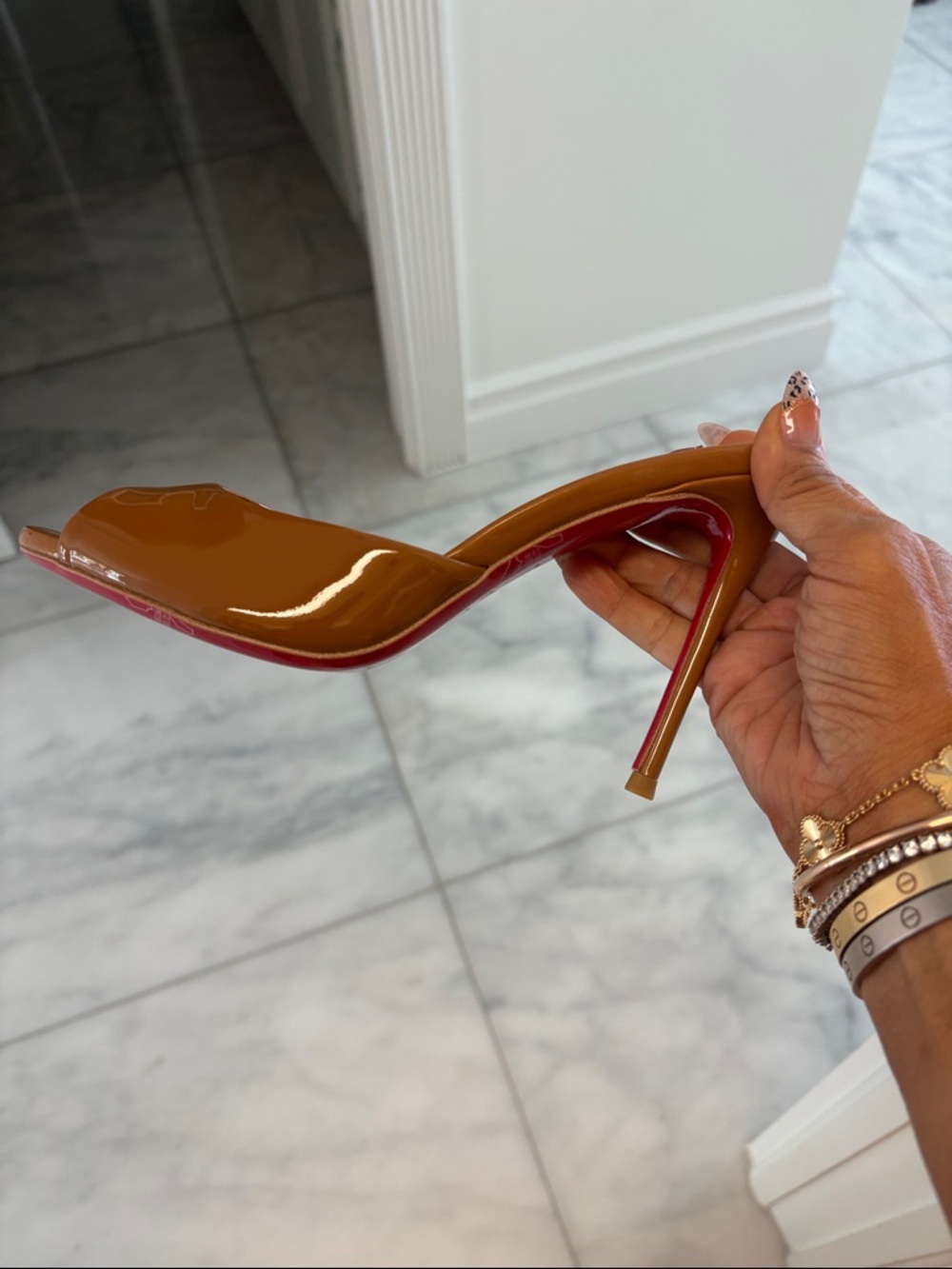 Christian Louboutin inspired Tan Patent Leather Open-Toe Stiletto Mule